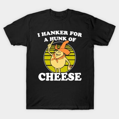 Black t-shirt featuring retro cheese-themed graphic and text, casual style, perfect for food lovers and everyday wear.