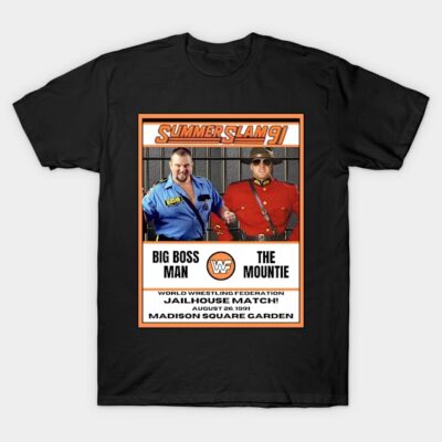 Black SummerSlam '91 t-shirt featuring wrestling match poster design, perfect for fans and casual wear.