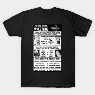 Black vintage wrestling poster T-shirt, featuring classic match lineup, cotton material, casual wear.