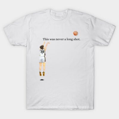 White basketball-themed t-shirt with player graphic and "This was never a long shot" text, casual sportswear.