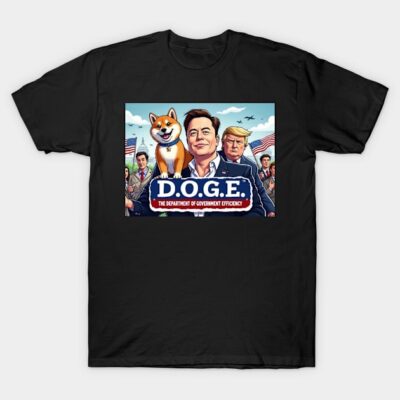 Black graphic T-shirt featuring D.O.G.E. design with cartoon dog and characters, perfect for casual wear.