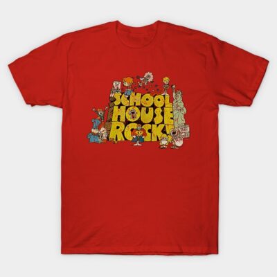 Red "Schoolhouse Rock!" t-shirt with vibrant cartoon print, casual style, and soft cotton material for everyday wear.
