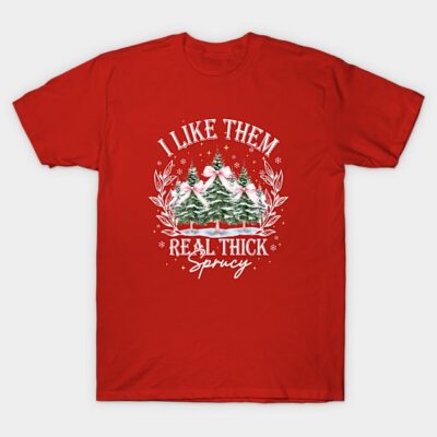 Red Christmas t-shirt with tree graphic and festive text, casual holiday wear, cotton material.