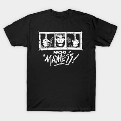Black graphic T-shirt featuring "Macho Madness" design, casual wear, cotton material, perfect for fans of bold prints.