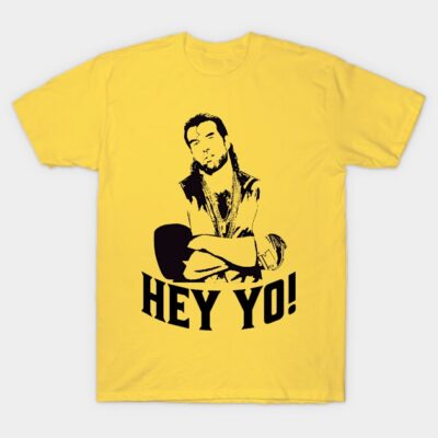 Yellow graphic T-shirt with bold "Hey Yo!" text and a stylized black design, perfect for casual wear. Cotton material.