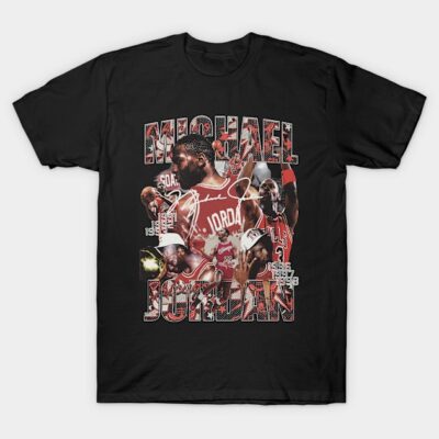 Black graphic t-shirt featuring basketball-themed collage, sporty casual wear, cotton material, perfect for fans.