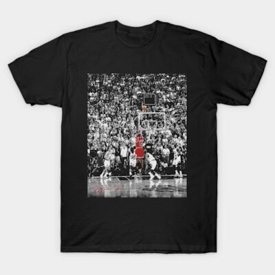 Black cotton t-shirt featuring iconic basketball shot graphic, casual sportswear style, ideal for fans and enthusiasts.