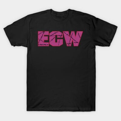 Black T-shirt with bold pink "ECW" logo featuring barbed wire design, casual wear, 100% cotton material.