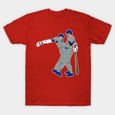 Red baseball-themed T-shirt with illustrated players, casual style, perfect for sports fans. Cotton material.