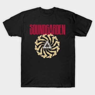 Black graphic T-shirt with abstract spiral design and bold red text, made of cotton for casual wear.