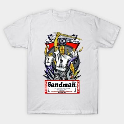 White graphic t-shirt featuring colorful wrestling-themed design with bold text, ideal for casual wear and wrestling fans.