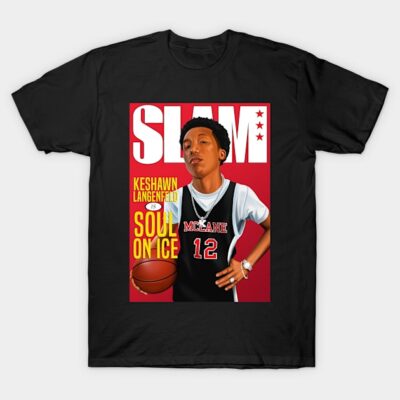 Black t-shirt featuring basketball-themed graphic, bold red and white text, sporty style, ideal for casual wear.