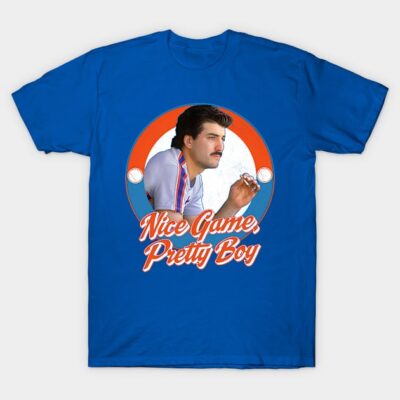 Blue graphic t-shirt with "Nice Game, Pretty Boy" text and baseball-themed design, casual sportswear style.
