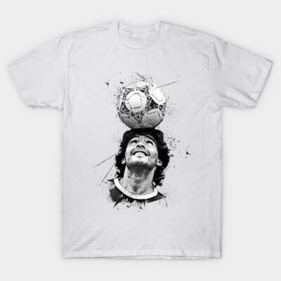 White t-shirt with artistic soccer ball graphic, casual style, 100% cotton, perfect for sports fans and everyday wear.