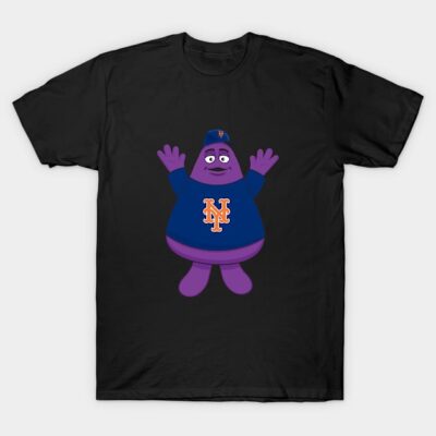 Black T-shirt featuring a purple cartoon character with a blue jersey and orange logo, casual wear, unisex design.
