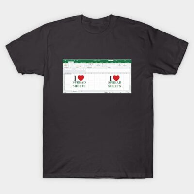 Dark gray t-shirt with "I Love Spreadsheets" graphic, casual style, cotton material, perfect for tech enthusiasts.