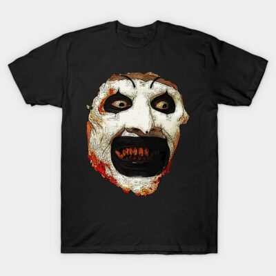 Black cotton t-shirt featuring a creepy mask graphic, perfect for Halloween or horror-themed events.