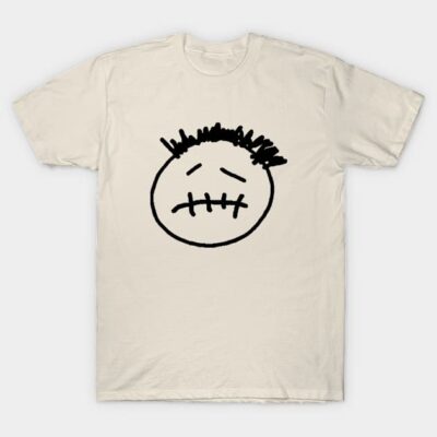 Beige T-shirt with black doodle face design, casual style, 100% cotton, perfect for everyday wear.