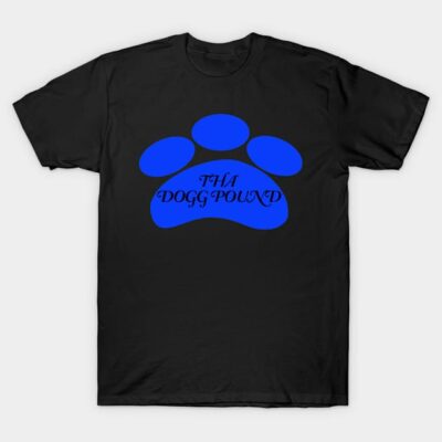 Black T-shirt with blue paw print graphic and "Tha Dogg Pound" text, casual style, cotton material.