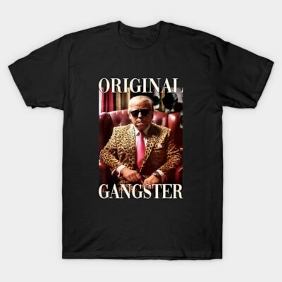 Black t-shirt with "Original Gangster" text and leopard print jacket graphic, casual style for men and women.