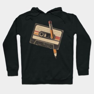 Black hoodie with vintage cassette and pencil graphic design, casual style. Perfect for everyday wear.