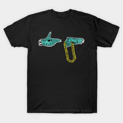 Black graphic t-shirt featuring blue hand illustration with gold chain, casual wear, cotton material.