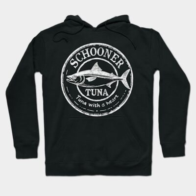 Black hoodie with "Schooner Tuna" logo design, casual style, perfect for everyday wear, made from soft cotton blend.