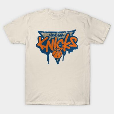 Cream T-shirt with blue and orange graphic design, casual wear, cotton material, sports fan apparel.