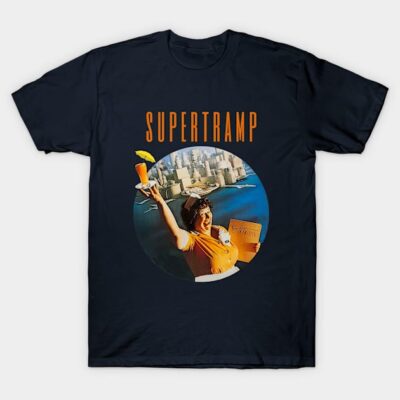 Navy blue Supertramp graphic t-shirt featuring vintage artwork, casual style, ideal for music fans and everyday wear.