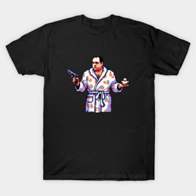 Black cotton t-shirt with a retro graphic of a person in a robe holding a gun and a donut, casual wear.