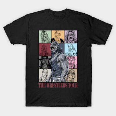 Black graphic t-shirt featuring colorful wrestler illustrations, perfect for casual wear and wrestling fans.