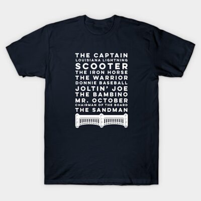 Navy blue t-shirt with white text design featuring baseball nicknames, casual style, cotton material.