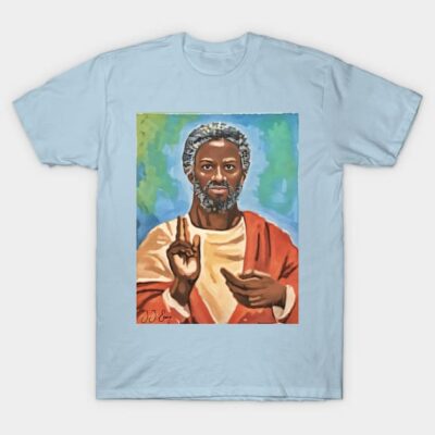 Light blue T-shirt featuring a colorful artistic portrait, made of soft cotton, ideal for casual wear.