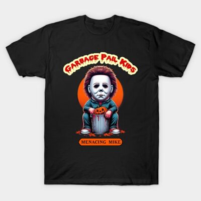 Black Halloween-themed t-shirt with cartoon horror character design, featuring vibrant orange and green accents.
