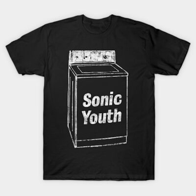 Black t-shirt with retro washing machine graphic and "Sonic Youth" text, casual cotton style for music lovers.