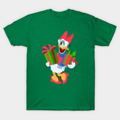 Green t-shirt with festive cartoon character holding gift boxes, ideal for holiday wear, 100% cotton material.