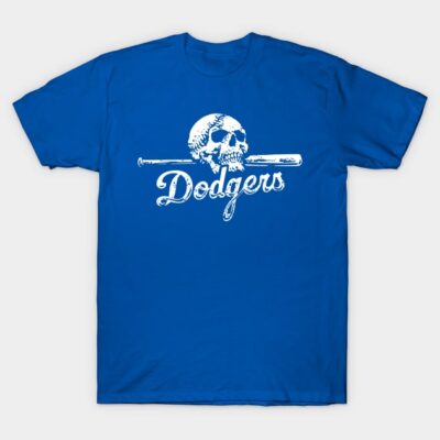 Blue t-shirt with white skull, bat, and "Dodgers" design, ideal for casual wear, 100% cotton, unisex style.