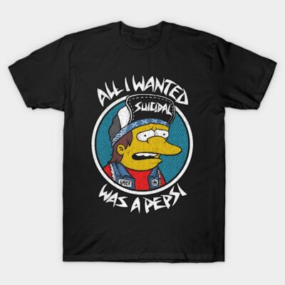 Black graphic t-shirt featuring a cartoon character and bold text, casual style, cotton material, unisex fit.