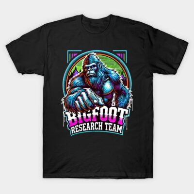 Black T-shirt featuring a vibrant Bigfoot graphic with "Research Team" text, perfect for casual wear and collectors.