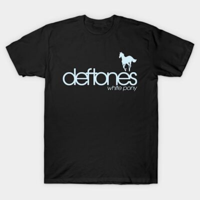 Black Deftones graphic T-shirt with white pony logo, cotton material, casual style for everyday wear.