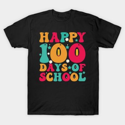 Black "Happy 100 Days of School" T-shirt with colorful retro text design, ideal for school celebrations.