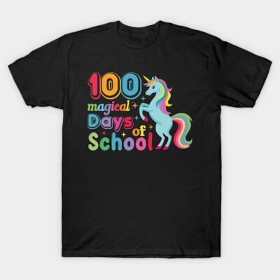Black "100 Magical Days of School" unicorn T-shirt, colorful design, perfect for celebrating school milestones, cotton material.