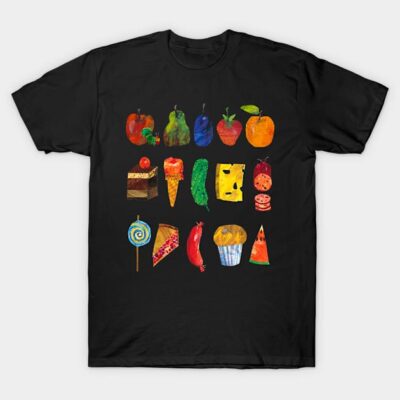 Black t-shirt with colorful fruit and food illustrations, casual style, cotton material, perfect for everyday wear.