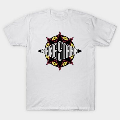 White cotton t-shirt with bold graphic design, featuring a red and black star emblem with text, casual streetwear style.