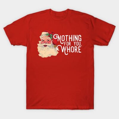 Red Christmas-themed t-shirt with festive graphic and humorous text. Cotton material, casual holiday wear.