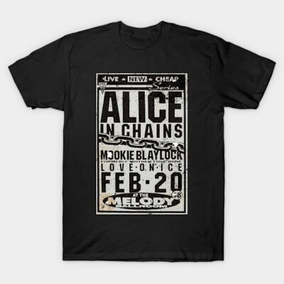Black graphic t-shirt with vintage concert poster design, soft cotton material, casual wear for music enthusiasts.