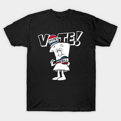 Black graphic t-shirt with "Vote!" and cartoon bill character, perfect for casual wear and political events.