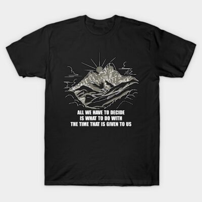 Black graphic t-shirt with mountain and sun design, featuring motivational quote. Ideal for casual wear. Cotton material.