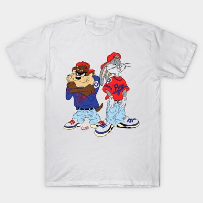 White T-shirt with cartoon characters in casual attire, red and blue colors, ideal for casual wear or fan merchandise.