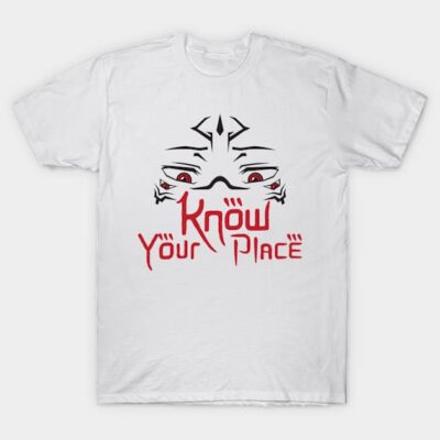 White graphic t-shirt with "Know Your Place" text and abstract face design, casual style, cotton material.